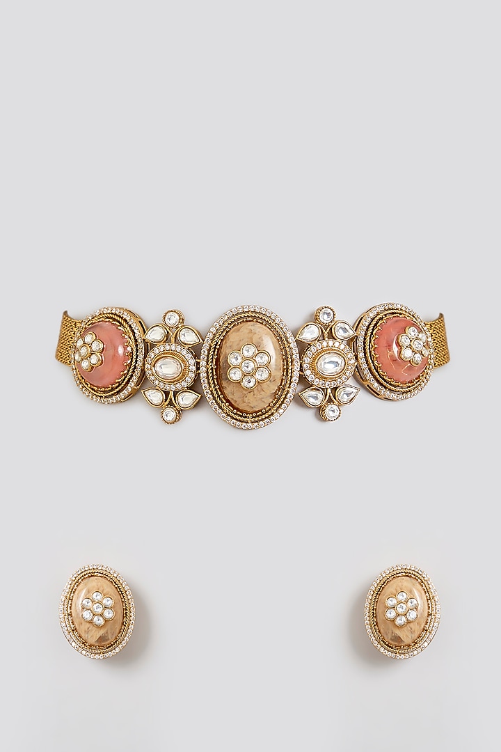 Gold Finish Kundan Polki Choker Necklace Set by Zevar By Geeta at Pernia's Pop Up Shop