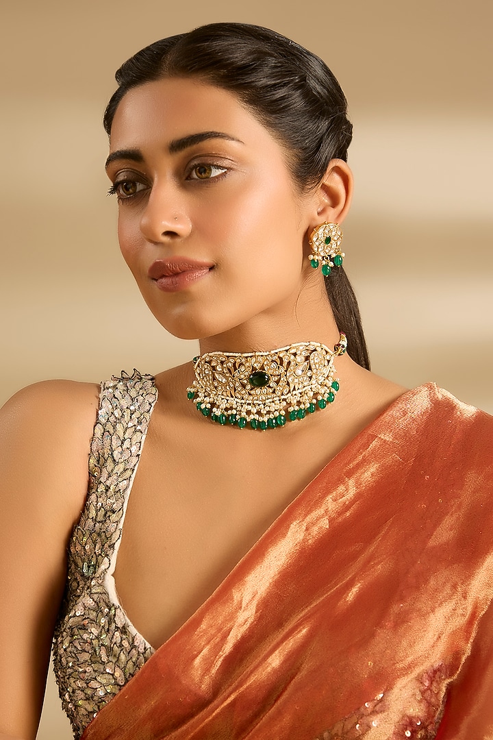 Gold Finish Kundan Polki & Green Stone Choker Necklace Set by Zevar By Geeta at Pernia's Pop Up Shop
