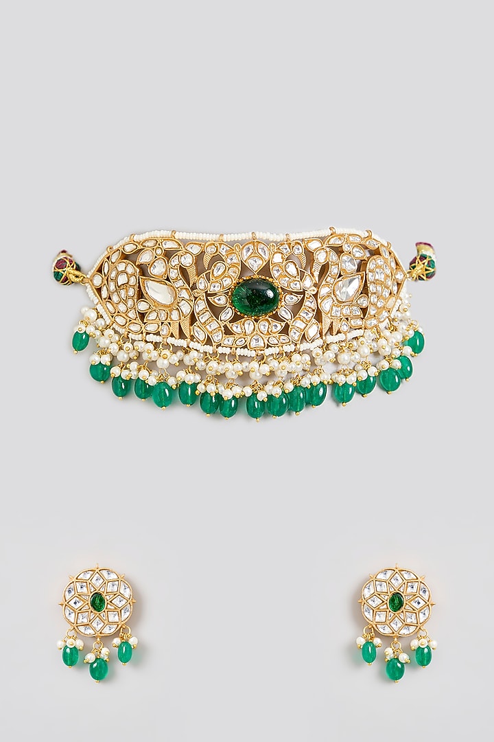 Gold Finish Kundan Polki & Green Stone Choker Necklace Set by Zevar By Geeta at Pernia's Pop Up Shop