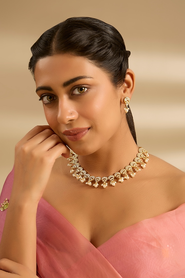 Gold Finish Jadau Necklace Set by Zevar By Geeta at Pernia's Pop Up Shop