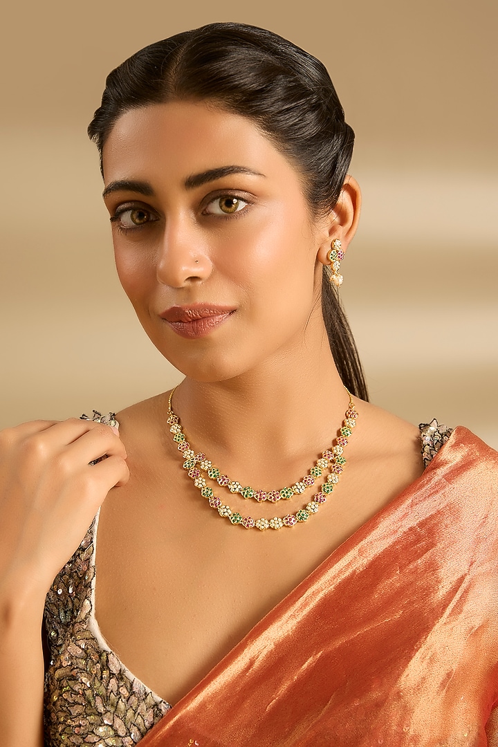 Gold Finish Jadau Long Necklace Set by Zevar By Geeta at Pernia's Pop Up Shop