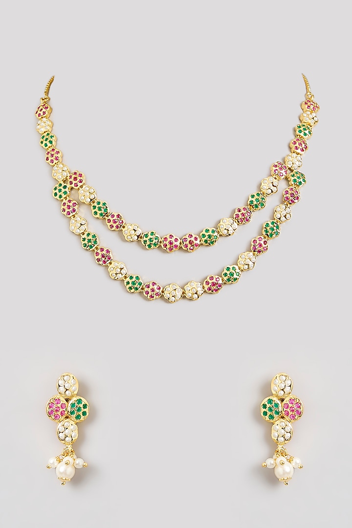 Gold Finish Jadau Long Necklace Set by Zevar By Geeta at Pernia's Pop Up Shop