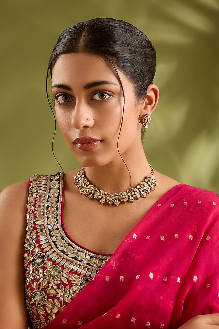 Two Tone Rhodium Finish Kundan Polki Necklace Set by Zevar By Geeta at Pernia's Pop Up Shop