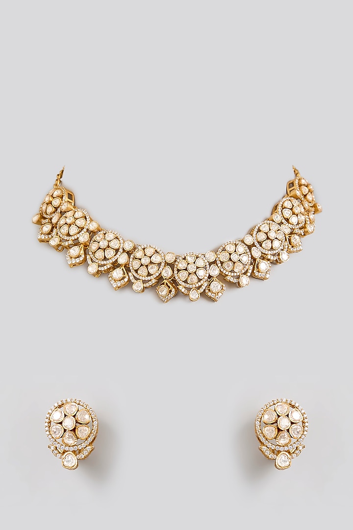 Two Tone Rhodium Finish Kundan Polki Necklace Set by Zevar By Geeta at Pernia's Pop Up Shop