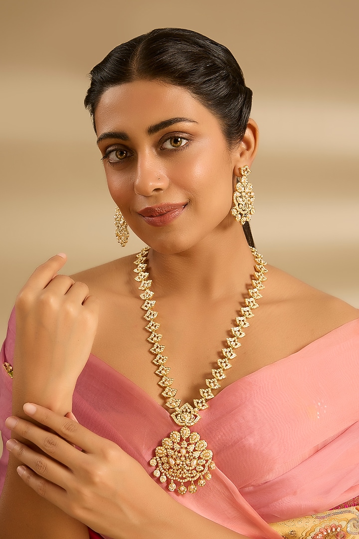 Gold Finish Jadau Long Necklace Set by Zevar By Geeta at Pernia's Pop Up Shop