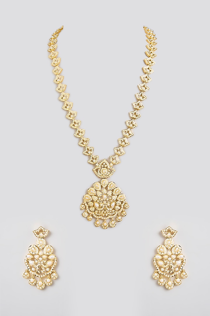 Gold Finish Jadau Long Necklace Set by Zevar By Geeta at Pernia's Pop Up Shop