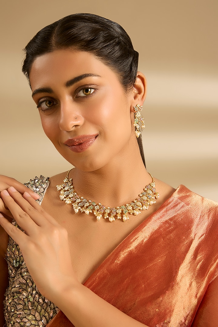 Gold Finish Jadau Necklace Set by Zevar By Geeta at Pernia's Pop Up Shop