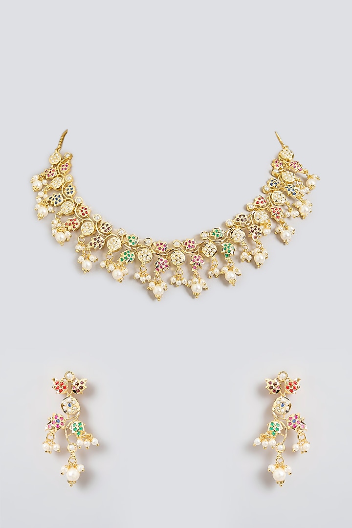 Gold Finish Jadau Necklace Set by Zevar By Geeta at Pernia's Pop Up Shop