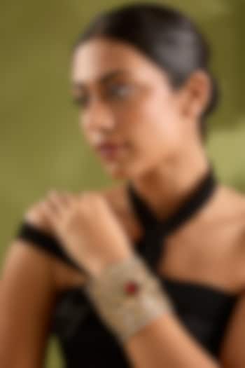 Gold Finish Kundan Polki & Red Stone Broad Cuff by Zevar By Geeta at Pernia's Pop Up Shop