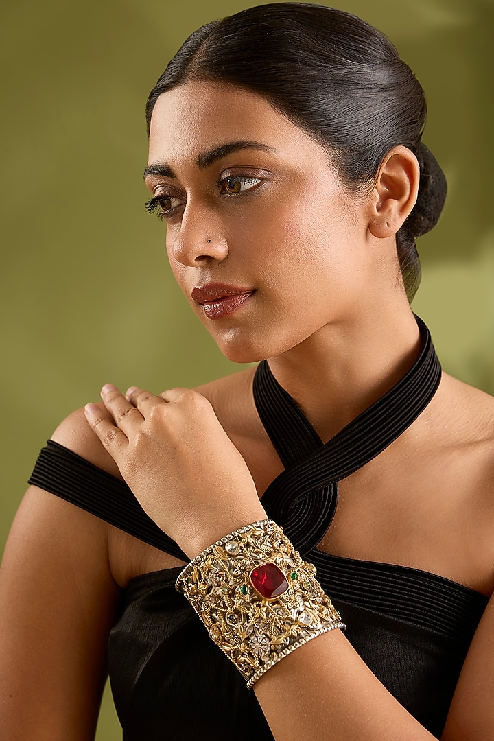 Gold Finish Kundan Polki & Red Stone Broad Cuff by Zevar By Geeta at Pernia's Pop Up Shop