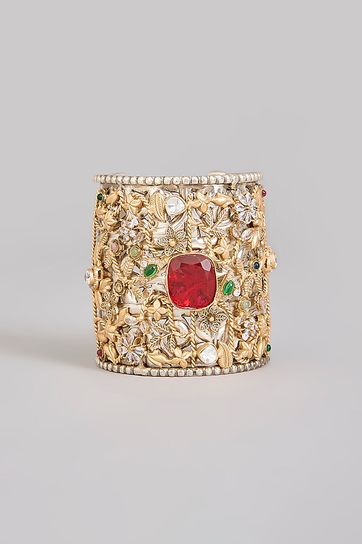 Gold Finish Kundan Polki & Red Stone Broad Cuff by Zevar By Geeta at Pernia's Pop Up Shop