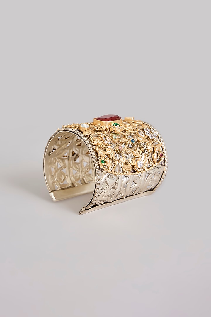 Gold Finish Kundan Polki & Red Stone Broad Cuff by Zevar By Geeta at Pernia's Pop Up Shop