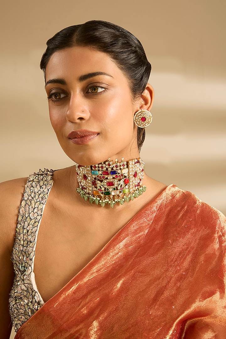 Gold Finish Kundan Polki & Pink Stone Choker Necklace Set by Zevar By Geeta at Pernia's Pop Up Shop