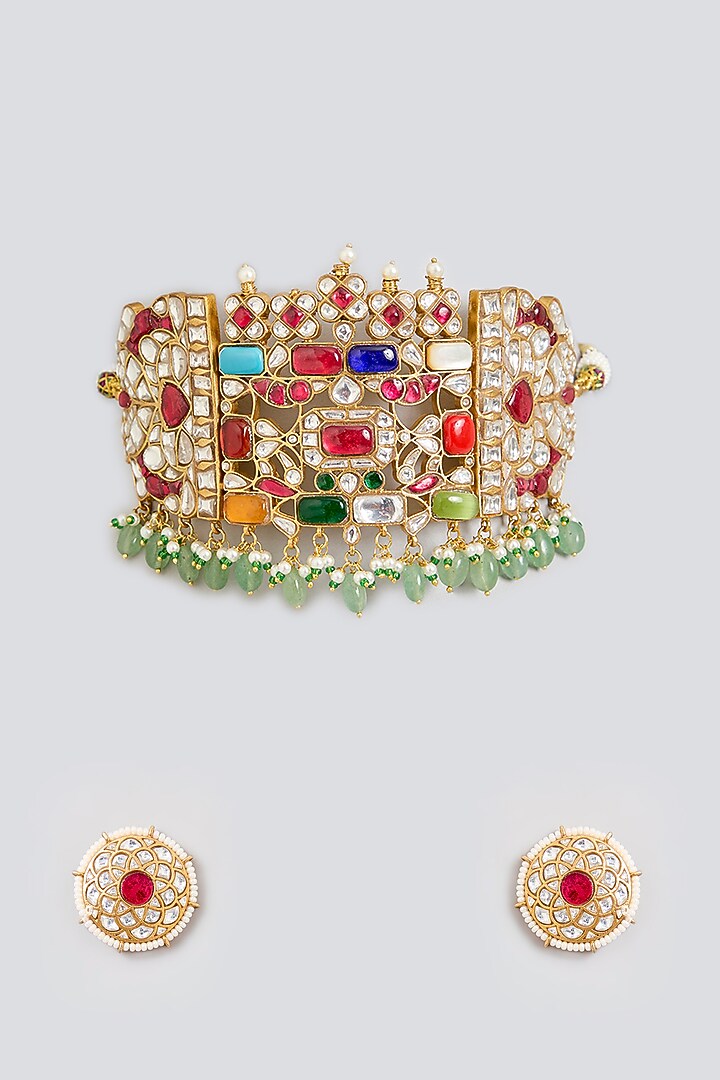Gold Finish Kundan Polki & Pink Stone Choker Necklace Set by Zevar By Geeta at Pernia's Pop Up Shop