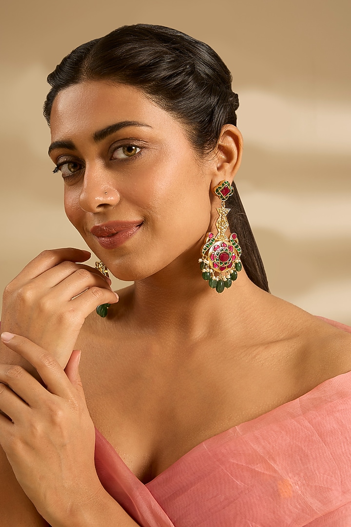 Gold Finish Multi-Colored Kundan Polki & Green Pearl Dangler Earrings by Zevar By Geeta at Pernia's Pop Up Shop
