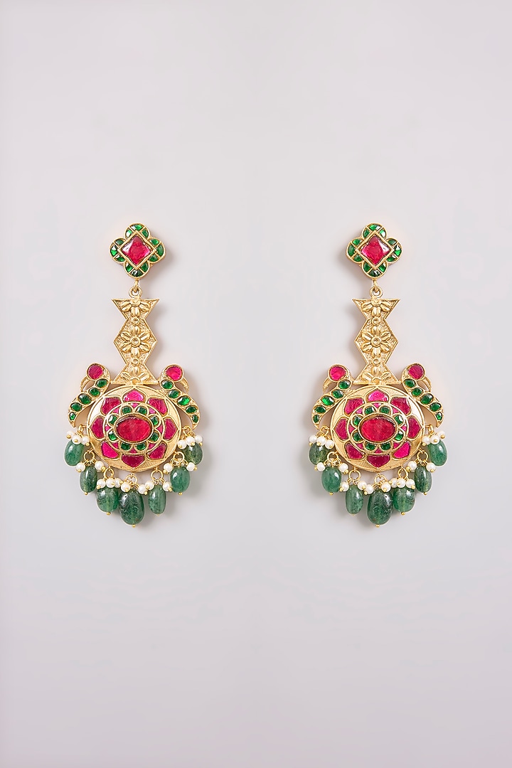 Gold Finish Multi-Colored Kundan Polki & Green Pearl Dangler Earrings by Zevar By Geeta at Pernia's Pop Up Shop