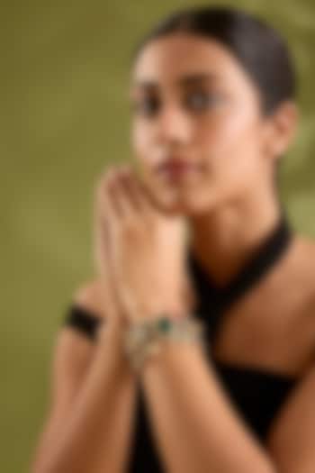 Gold Finish Kundan Polki & Multi-Colored Stone Broad Cuff by Zevar By Geeta at Pernia's Pop Up Shop