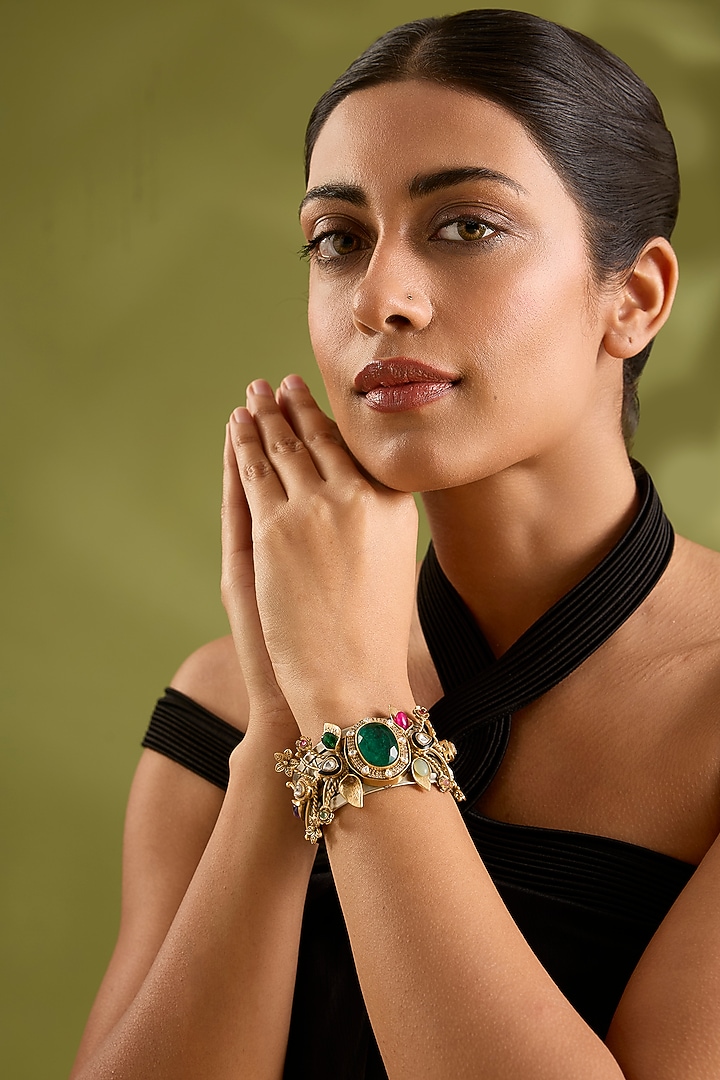 Gold Finish Kundan Polki & Multi-Colored Stone Broad Cuff by Zevar By Geeta at Pernia's Pop Up Shop