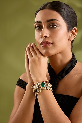 Gold Finish Kundan Polki & Multi-Colored Stone Broad Cuff by Zevar By Geeta