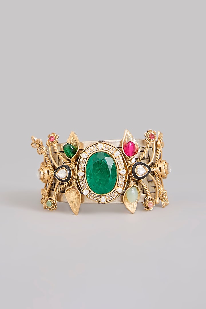Gold Finish Kundan Polki & Multi-Colored Stone Broad Cuff by Zevar By Geeta at Pernia's Pop Up Shop