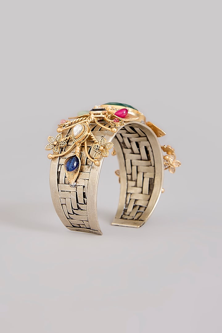 Gold Finish Kundan Polki & Multi-Colored Stone Broad Cuff by Zevar By Geeta at Pernia's Pop Up Shop