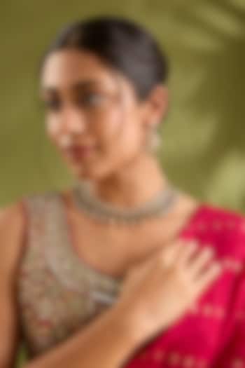 Gold Finish Moissanite Stone & Green Stone Necklace Set by Zevar By Geeta at Pernia's Pop Up Shop