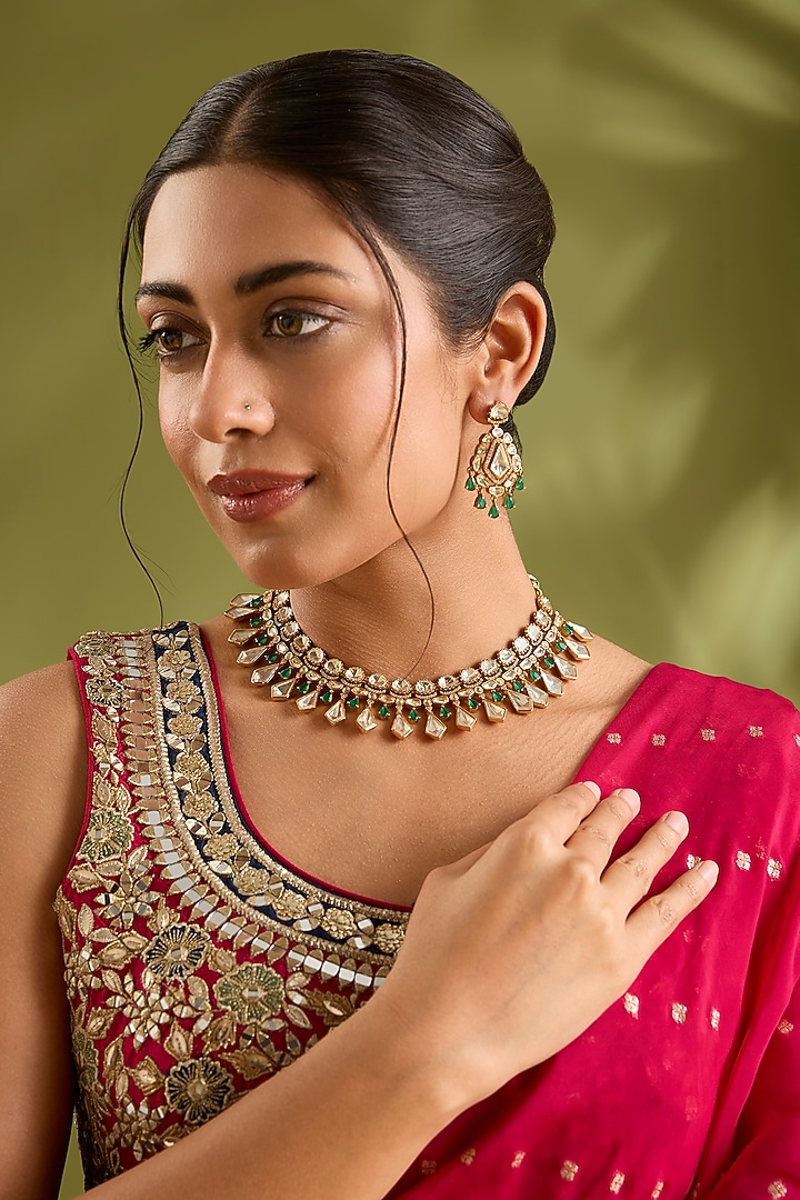 Gold Finish Moissanite Stone & Green Stone Necklace Set by Zevar By Geeta at Pernia's Pop Up Shop