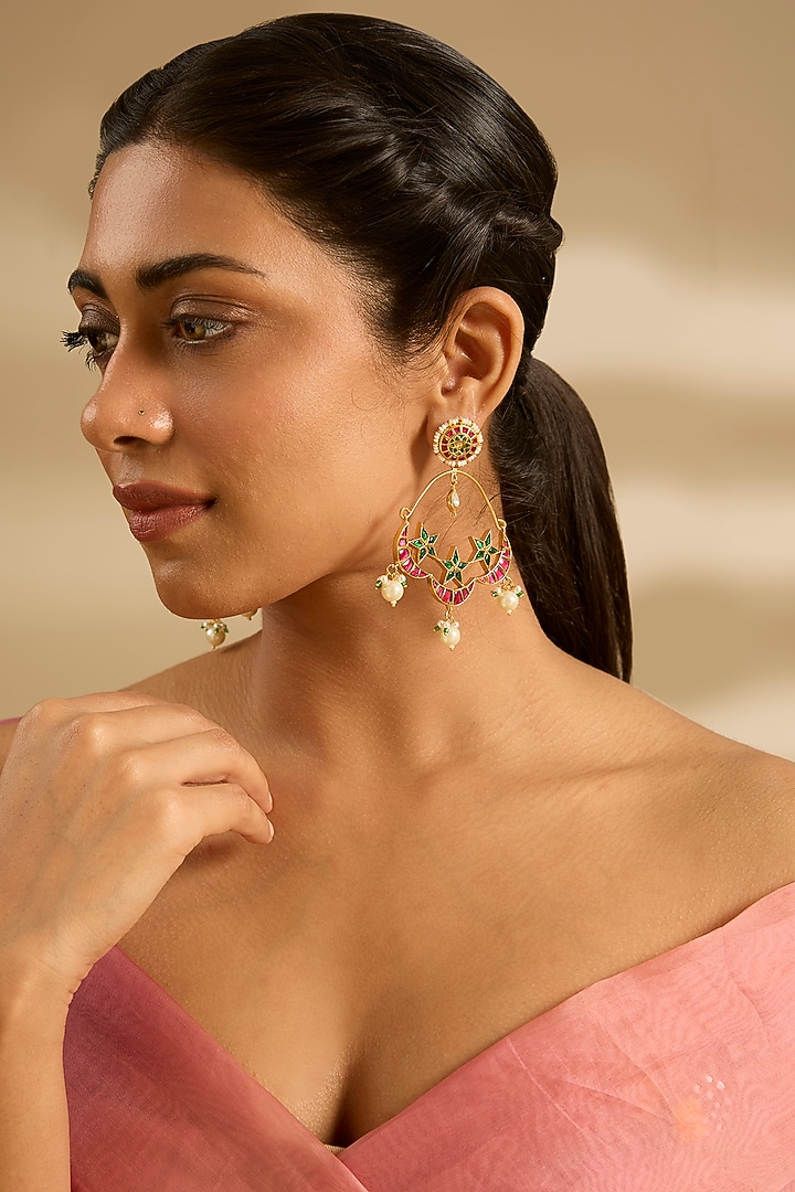 Gold Finish Multi-Colored Kundan Polki & Pearl Chandbali Earrings by Zevar By Geeta at Pernia's Pop Up Shop