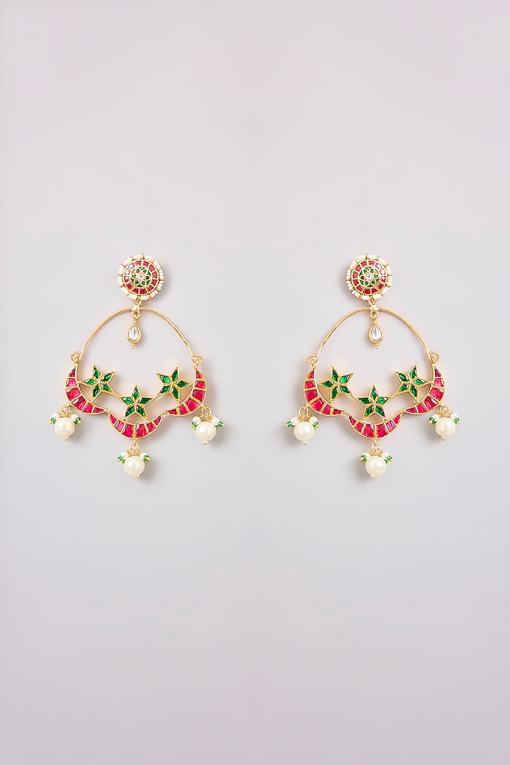Gold Finish Multi-Colored Kundan Polki & Pearl Chandbali Earrings by Zevar By Geeta at Pernia's Pop Up Shop