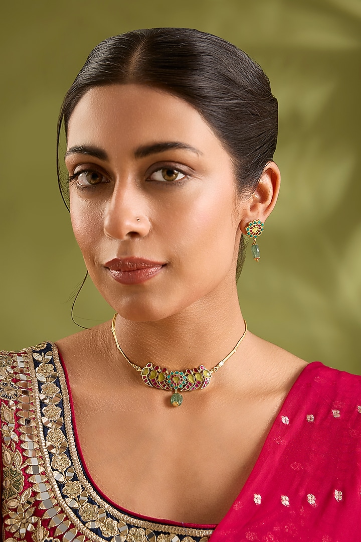 Gold Finish Kundan Polki & Multi-Colored Stone Meenakari Necklace Set by Zevar by Geeta at Pernia's Pop Up Shop