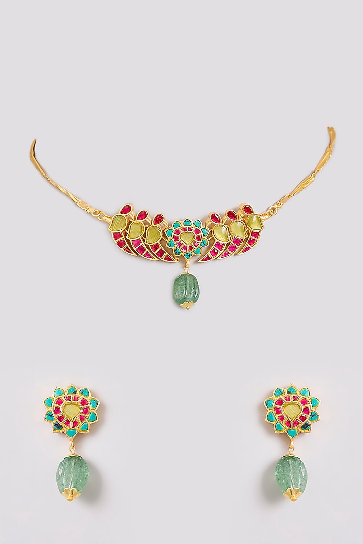 Gold Finish Kundan Polki & Multi-Colored Stone Meenakari Necklace Set by Zevar by Geeta at Pernia's Pop Up Shop