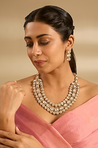 Two Tone Finish Kundan Polki Layered Necklace Set by Zevar by Geeta