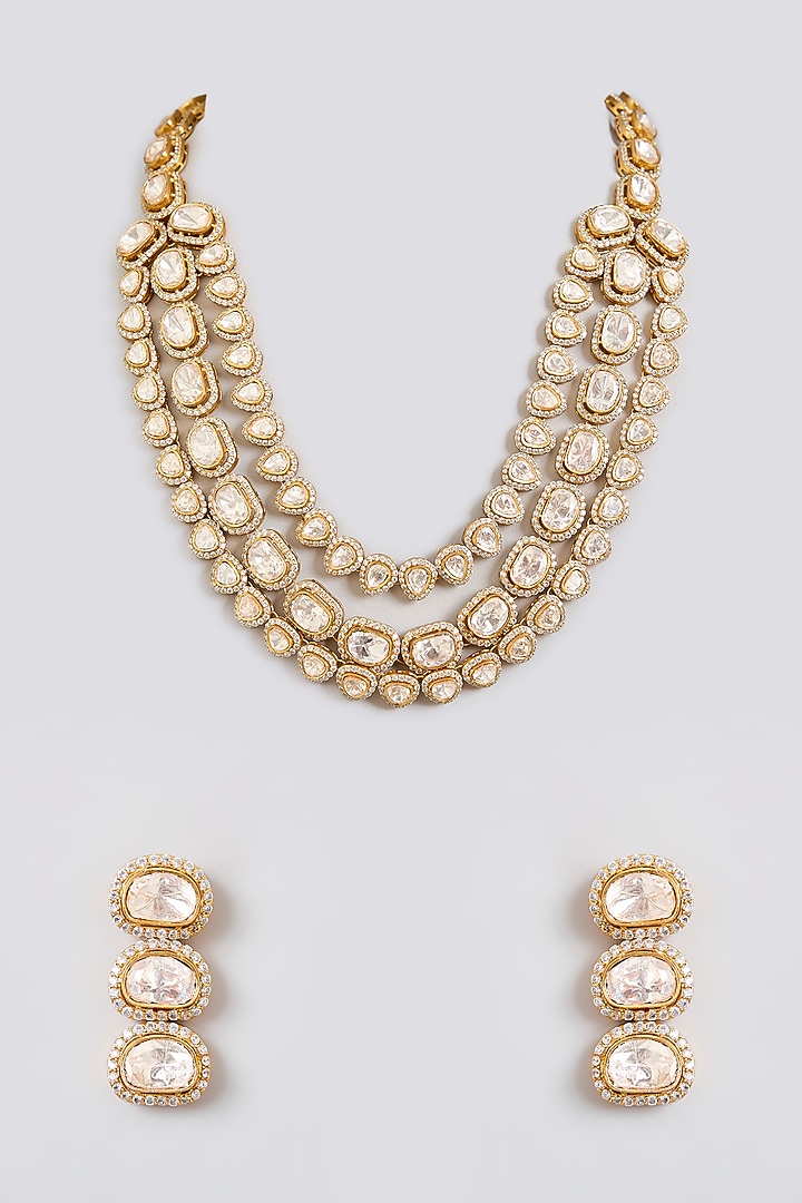 Two Tone Finish Kundan Polki Layered Necklace Set by Zevar by Geeta at Pernia's Pop Up Shop