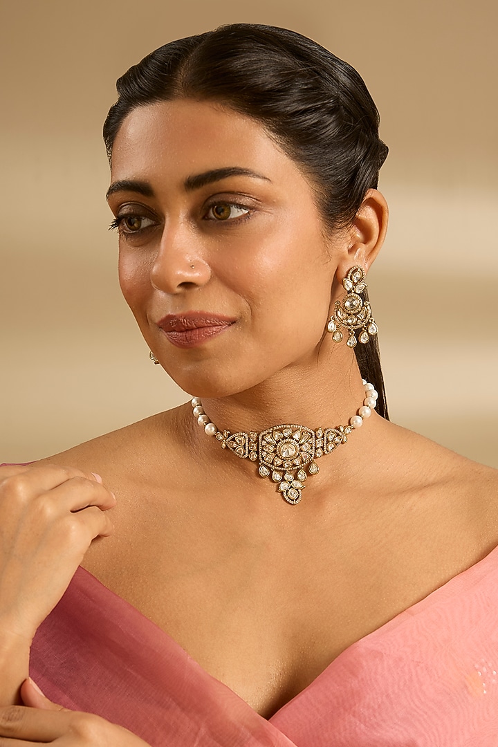 Black Rhodium Finish Kundan Polki Choker Necklace Set by Zevar by Geeta at Pernia's Pop Up Shop
