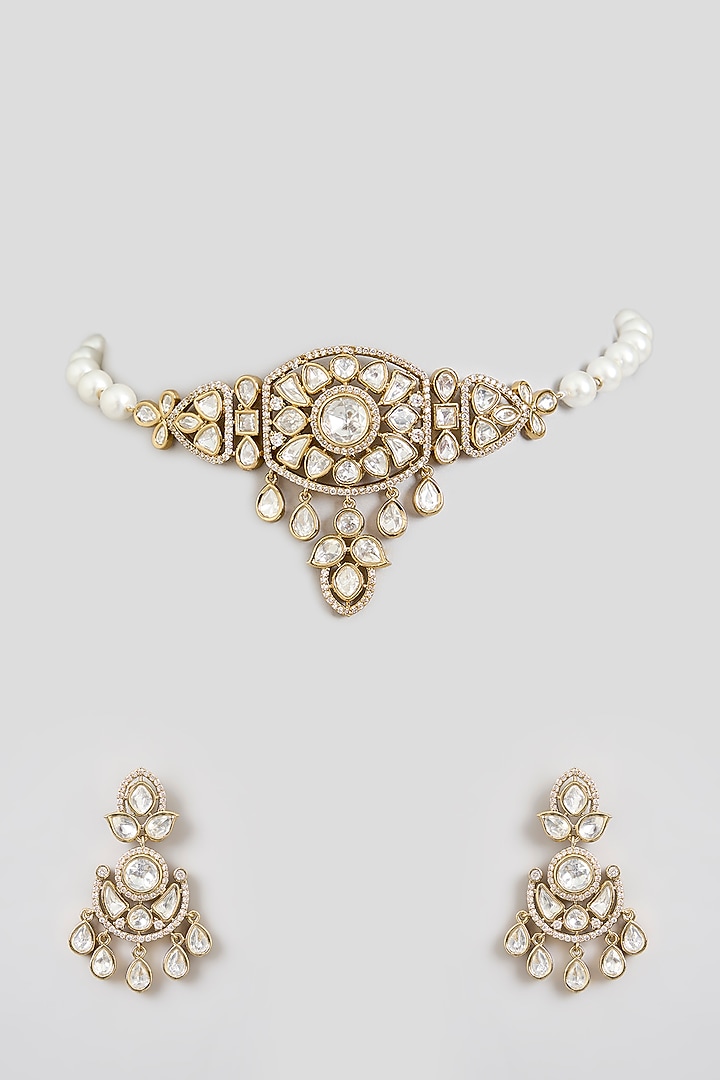 Black Rhodium Finish Kundan Polki Choker Necklace Set by Zevar by Geeta at Pernia's Pop Up Shop