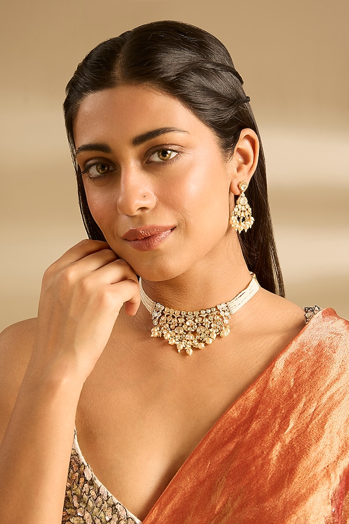 Gold Finish Moissanite Stone Choker Necklace Set by Zevar by Geeta at Pernia's Pop Up Shop