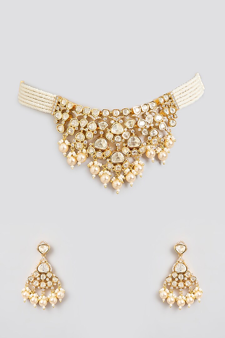 Gold Finish Moissanite Stone Choker Necklace Set by Zevar by Geeta at Pernia's Pop Up Shop
