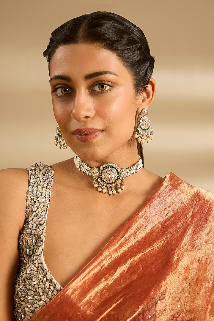 Gold Finish Kundan Polki Choker Necklace Set by Zevar by Geeta at Pernia's Pop Up Shop