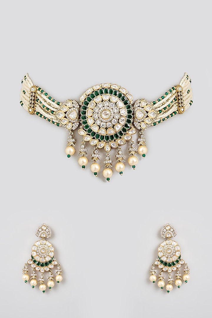 Gold Finish Kundan Polki Choker Necklace Set by Zevar by Geeta at Pernia's Pop Up Shop