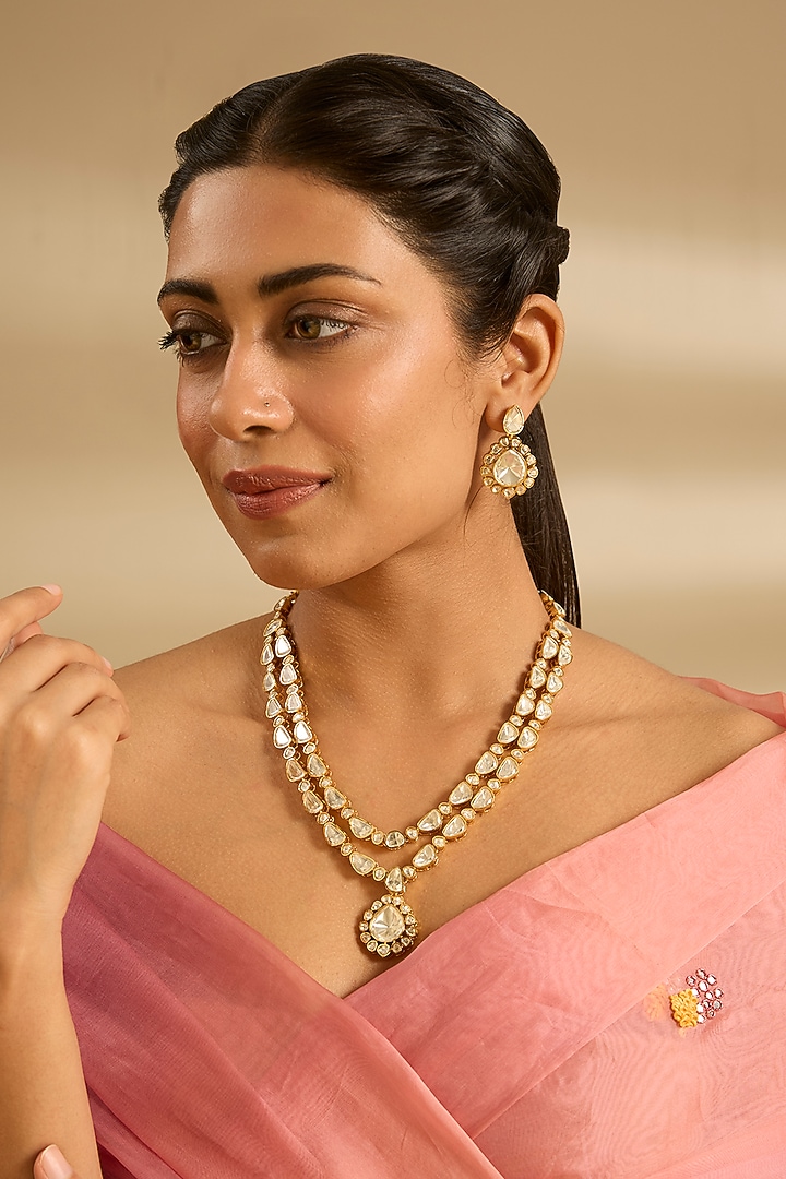 Gold Finish Moissanite Stone Long Necklace Set by Zevar by Geeta at Pernia's Pop Up Shop