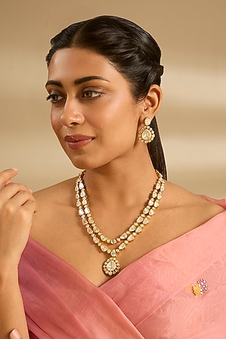 Gold Finish Moissanite Stone Long Necklace Set by Zevar by Geeta