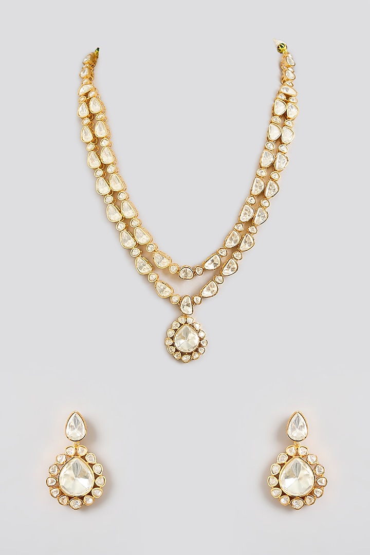 Gold Finish Moissanite Stone Long Necklace Set by Zevar by Geeta at Pernia's Pop Up Shop
