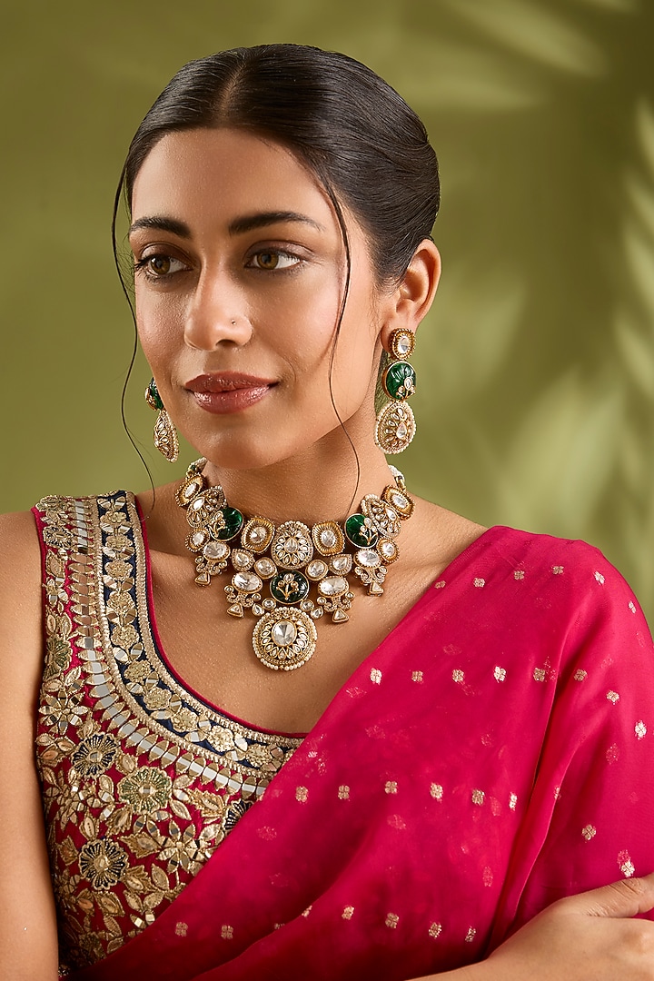 Gold Finish Green Kundan Polki Choker Necklace Set by Zevar by Geeta at Pernia's Pop Up Shop