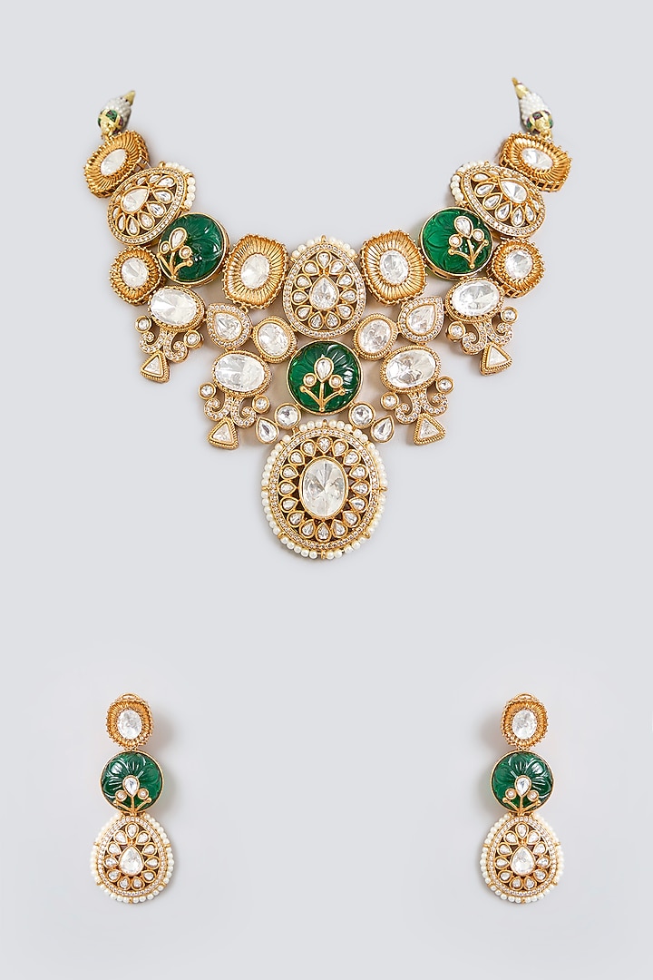 Gold Finish Green Kundan Polki Choker Necklace Set by Zevar by Geeta at Pernia's Pop Up Shop