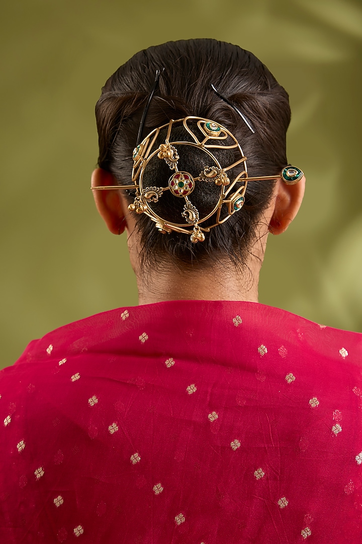 Gold Finish Kundan Polki & Multi-Colored Stone Hair Bun by Zevar by Geeta at Pernia's Pop Up Shop