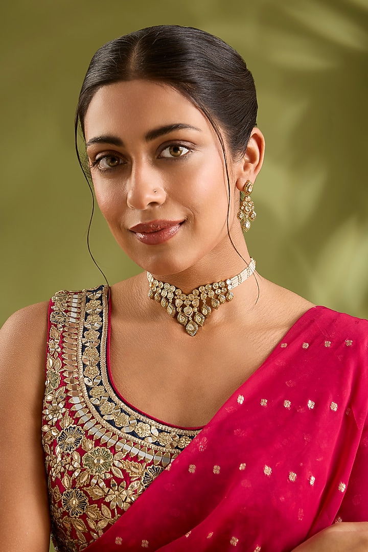 Gold Finish Moissanite Stone Choker Necklace Set by Zevar by Geeta at Pernia's Pop Up Shop