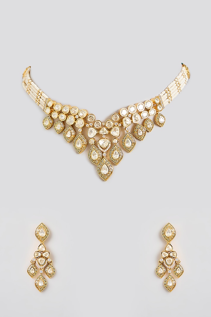 Gold Finish Moissanite Stone Choker Necklace Set by Zevar by Geeta at Pernia's Pop Up Shop