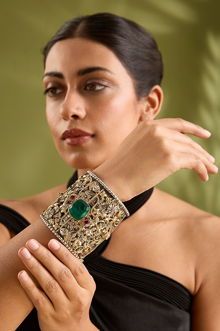 Gold Finish Green Kundan Polki Broad Cuff by Zevar by Geeta at Pernia's Pop Up Shop