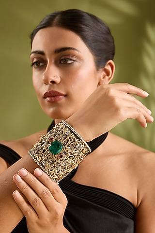 Gold Finish Green Kundan Polki Broad Cuff by Zevar by Geeta