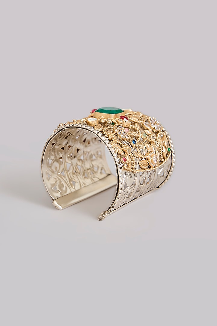 Gold Finish Green Kundan Polki Broad Cuff by Zevar by Geeta at Pernia's Pop Up Shop